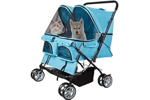 KARMAS PRODUCT Double Pet Stroller, Foldable Double Dog Stroller for 2 Dogs Cats with 4 Wheels, Twin Walk Jogger Travel Pet Carriage Cart with Storage, Blue