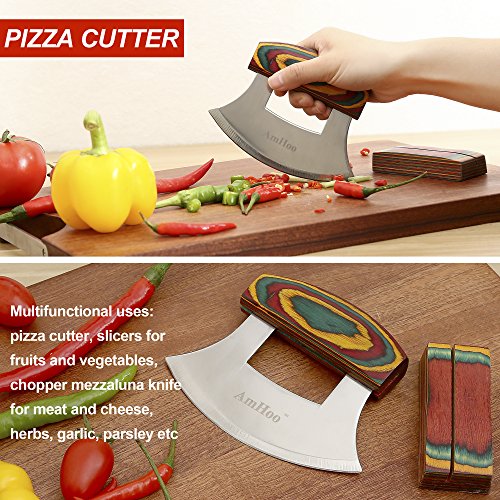 Amhoo Pizza Cutter Chef Mezzaluna Ulu Knife Handle Color Wood Grip
