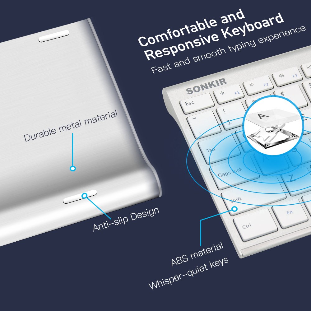 Wireless Keyboard Mouse, Sonkir K-18 2.4GHz Rechargeable Full Size Keyboard and Mouse Combo for Windows, Laptop, PC, Notebook (Silver)