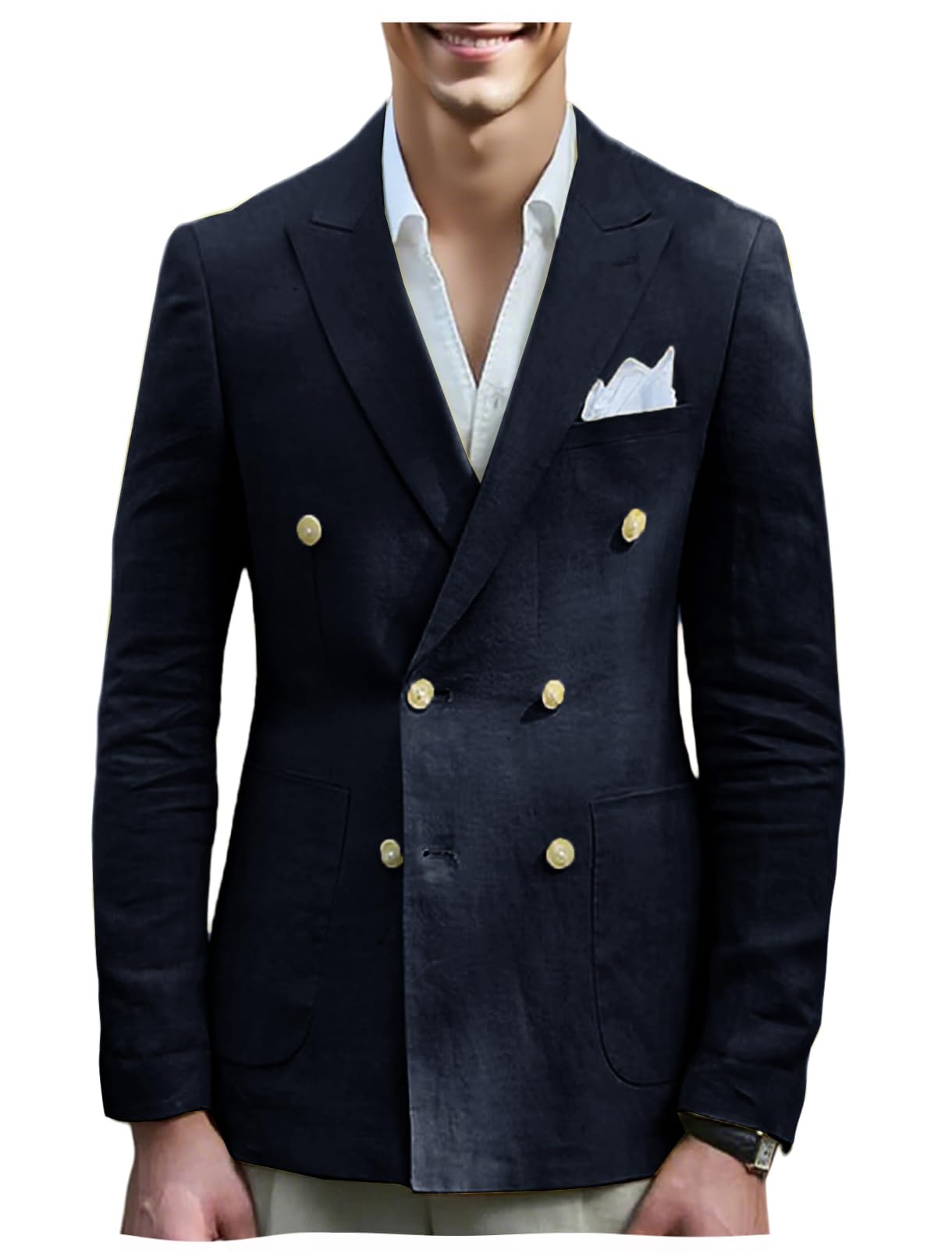 Photo 1 of VENNYNG Men Navy Casual Linen Blend Blazer Double Breasted Slim Fit Jacket Beach Tailor Chic Blazer Lightweight medium