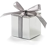 KPOSIYA 100 Pack Favor Boxes 2x2x2 inch Candy Boxes Silver Gift Boxes with Ribbons for Wedding Baby Shower Decorations Birthday Party Supplies