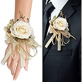 Cileruide Beige Rose Wrist Flower Corsage & Boutonniere Set for Wedding Bride Bridesmaid Groom Groomsmen Parents Suit Lapel Pin Button Hole Flower for Prom Homecoming, Tea Party, Formal Dinner