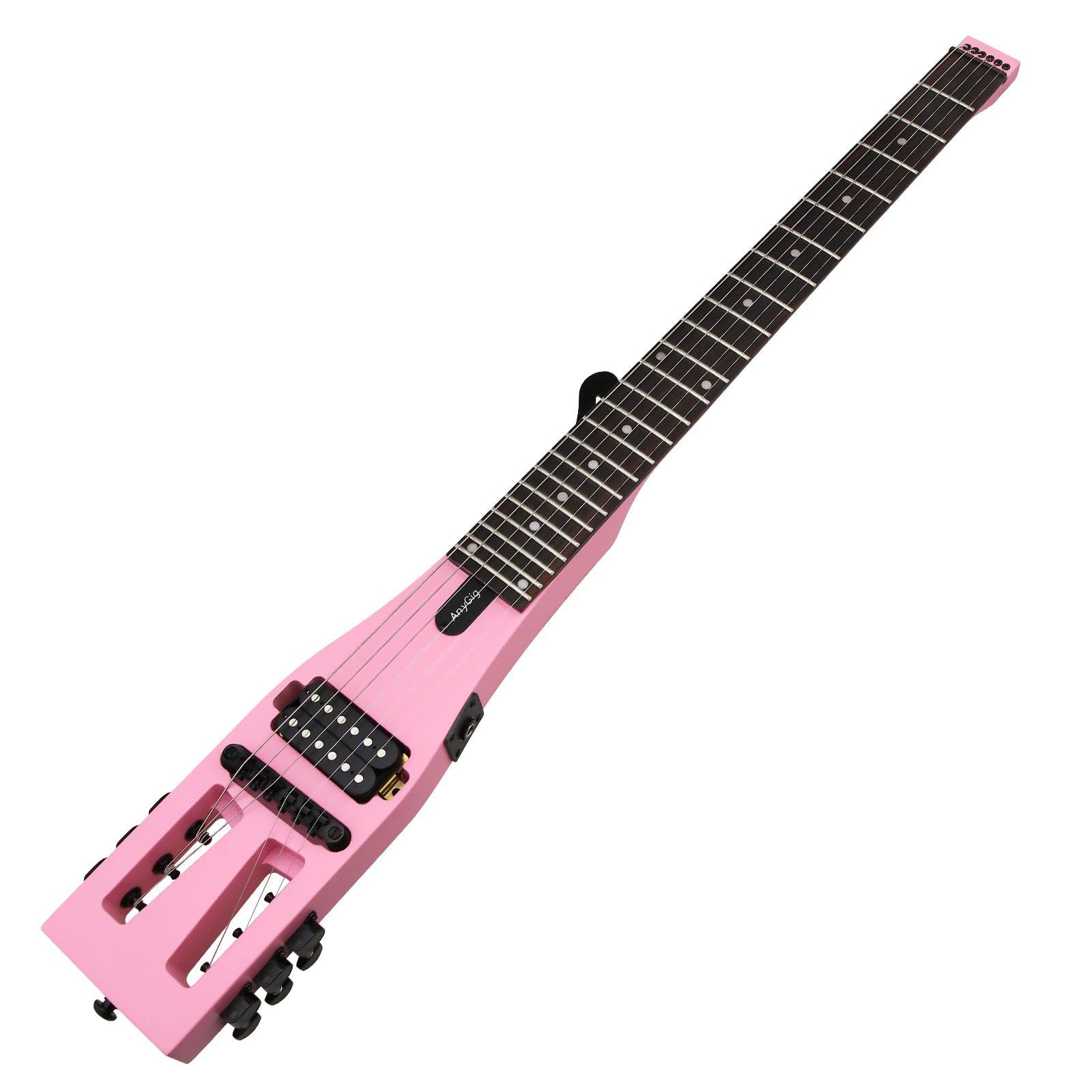 Anygig Electric Guitar Practice Portable Travel Guitar Maple Headless Solid Body Full Scale with Gigbag for Lightweight Design Gig Bag All Accessories Pink