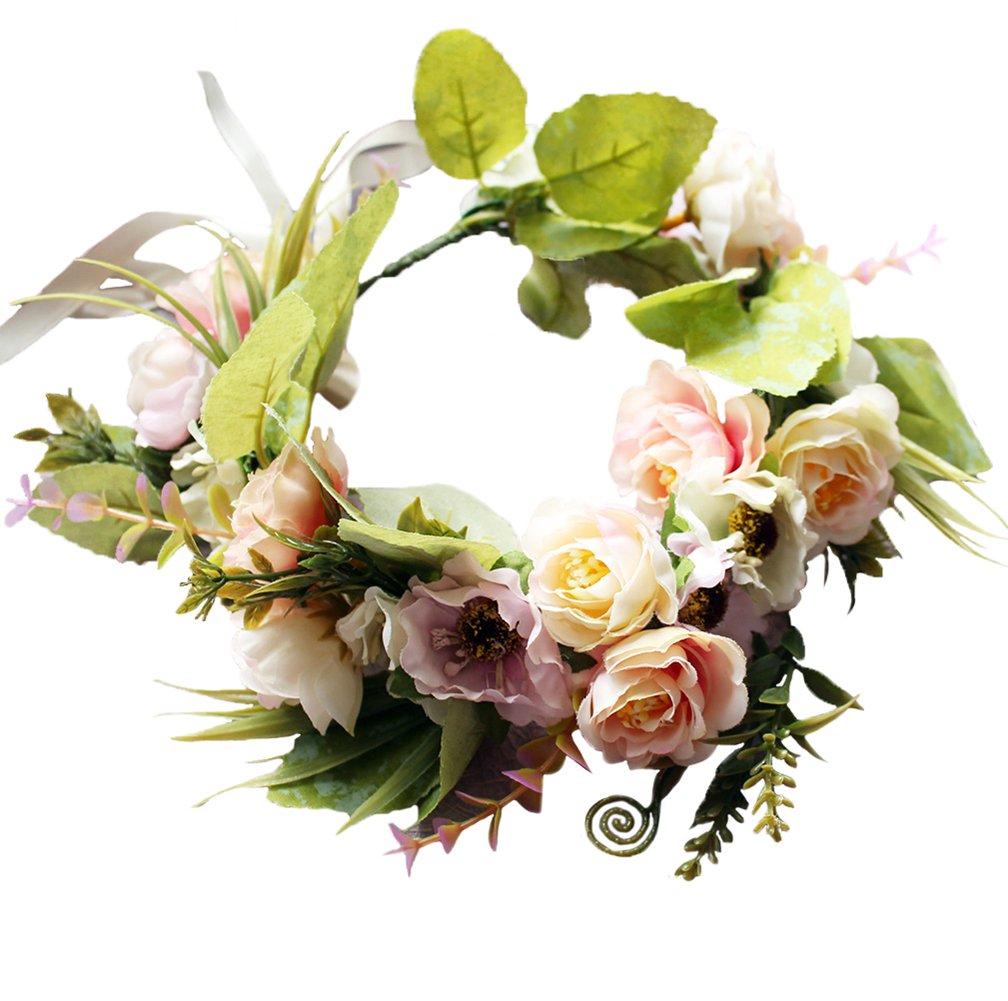 Brikuinr Floral Crown Wreath Flower Garland Headband Hair Wreath Hair Garland Flower Halo Floral Headpiece Boho with Ribbon Wedding Party Festival Pink