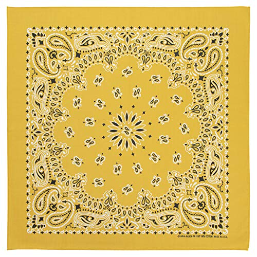 100% Cotton Western Paisley Bandanas (22 inch x 22 inch) Made in USA - Gold Single Piece 22x22 - Use For Handkerchief, Headband, Cowboy Party, Wristband, Head Scarf - Double Sided Print