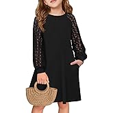 Haloumoning Girls Contrast Lace Long Sleeve Dress Kids Casual Pleated A Line Short Dresses with Pockets 5-14 Years