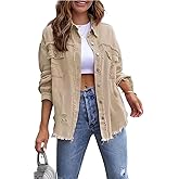 Women's Casual Ripped Denim Jacket Oversized Long Sleeve Button Down Raw Hem Distressed Jean Jackets