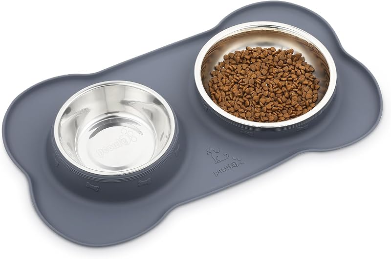 Pecute Dog Bowls Non Slip Stainless Steel Double Bowls Set Grey 14oz Each