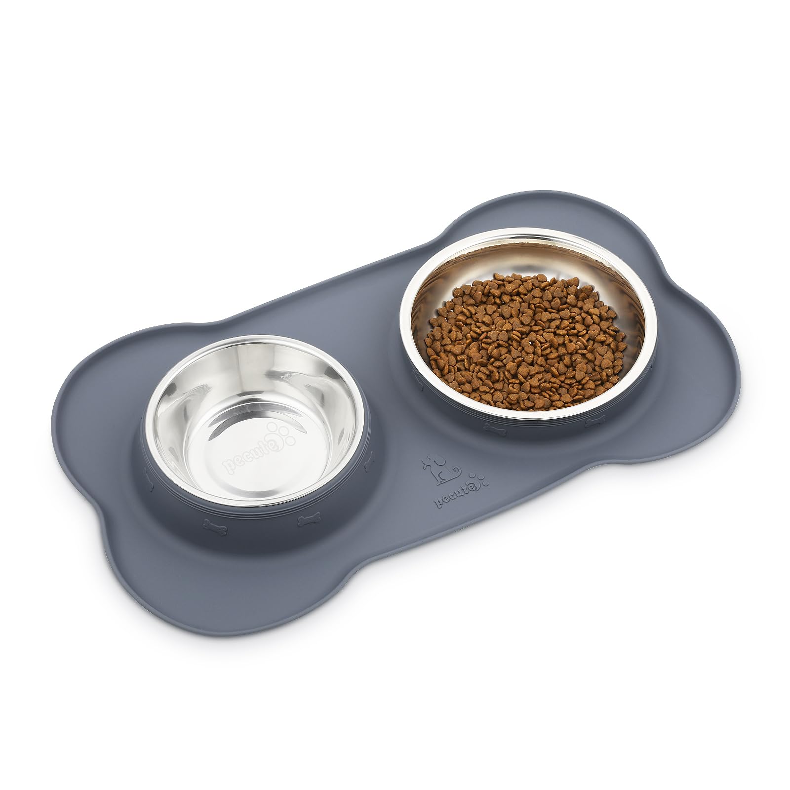 Pecute Dog Bowls Non Slip, Stainless Steel Double Bowls Set with Non-Spill Silicone Mats Tray for Cats Puppies Small Dogs Water Food Feeding (14oz Each Bowl, Grey)