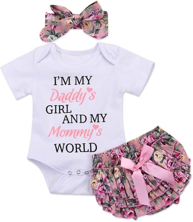 IWOKA 3Pcs Newborn Baby Girl Short Sleeve Letters Romper Jumpsuit+Pant Shorts+Headband Bodysuit Outfit