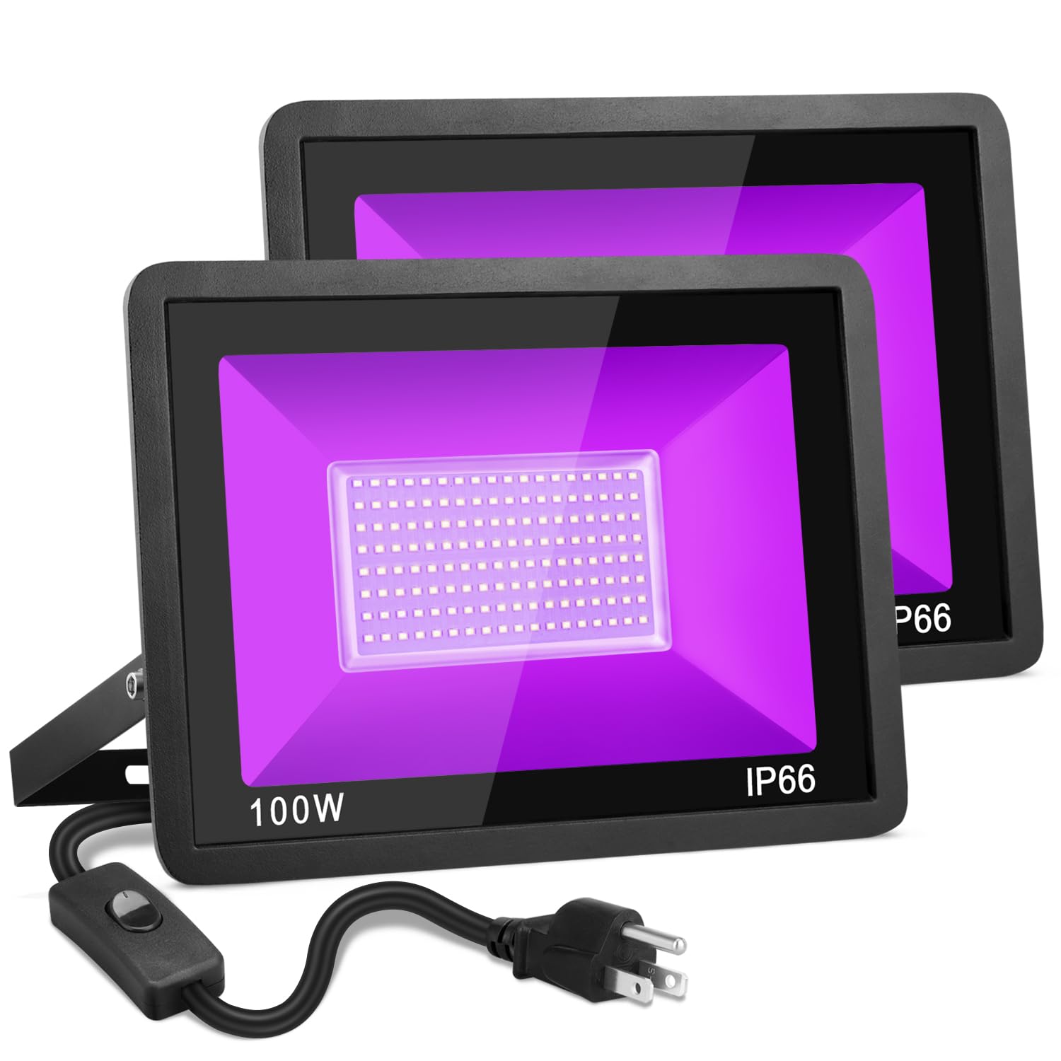 Photo 1 of 100W Black Light, 2Pack Indoor Outdoor Blacklight with Plug and Switch, Ip66 Waterproof, 365 NM UV Light for Glow Neon Party, Body Painting, Fluorescent Tapestry