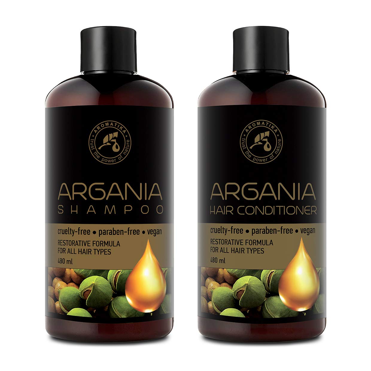 Shampoo & Conditioner 2x480ml with Argan Oil for Hair - Natural Argan & Olive Oil - Herbal Extracts for All Hair Types - Restorative Formula - Hair Care