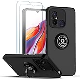 QUIETIP Case Compatible Xiaomi Redmi 12C / Redmi 11A with Screen Protector,TPU + Hard PC Shockproof Magnetic Ring Car Mount Holder Phone Cover,Black