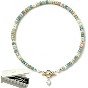Elova Turquoise Bead Pearl Necklace Dainty Handmade Beaded Jewelry | 17.7 Inches Length, Handmade, OT buckle and pearl pendan