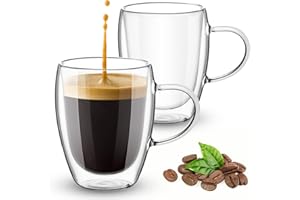 Olyzer Double Wall Glass Coffee Mugs, 350ml Glass Coffee Mug, Set of 2 Cappuccino Cup with Handle, Insulated Latte Espresso C