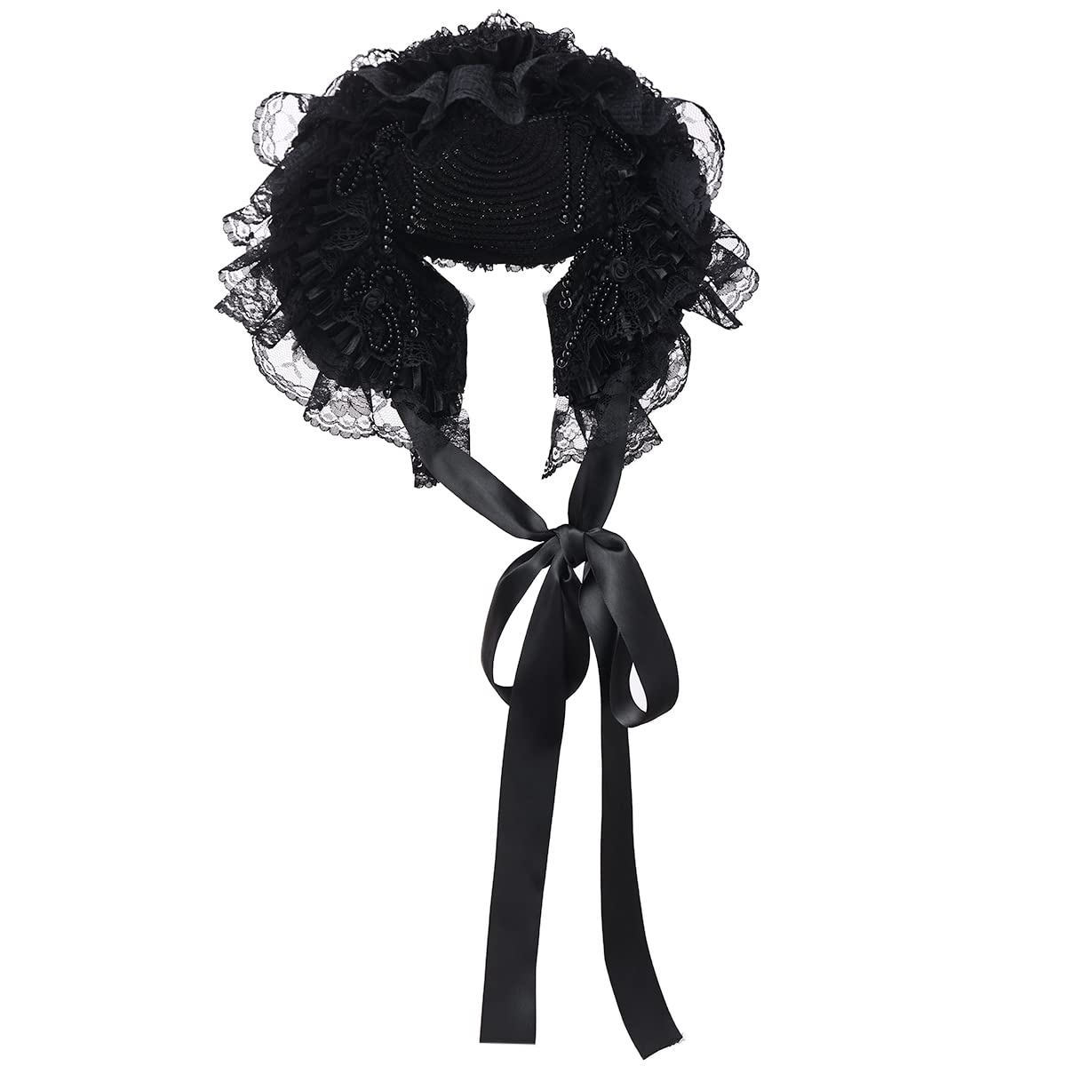 COSDREAMER Girls Women Victorian Bonnets Lace Flowers Tea Party Hats (Black) — image 1