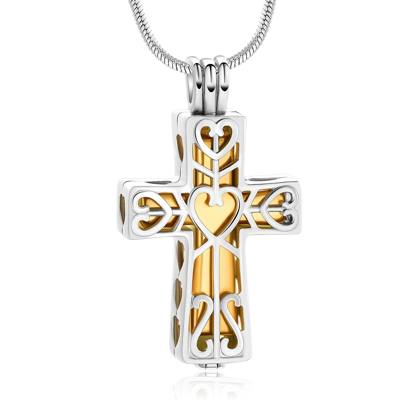 QGJNSGC Cremation Urn Memorial Pendant Necklace Heart Cross Cylindrical with Hollow Jewelry Ashes Keepsake Memorial Urn Jewelry Necklace (Silver-gold)