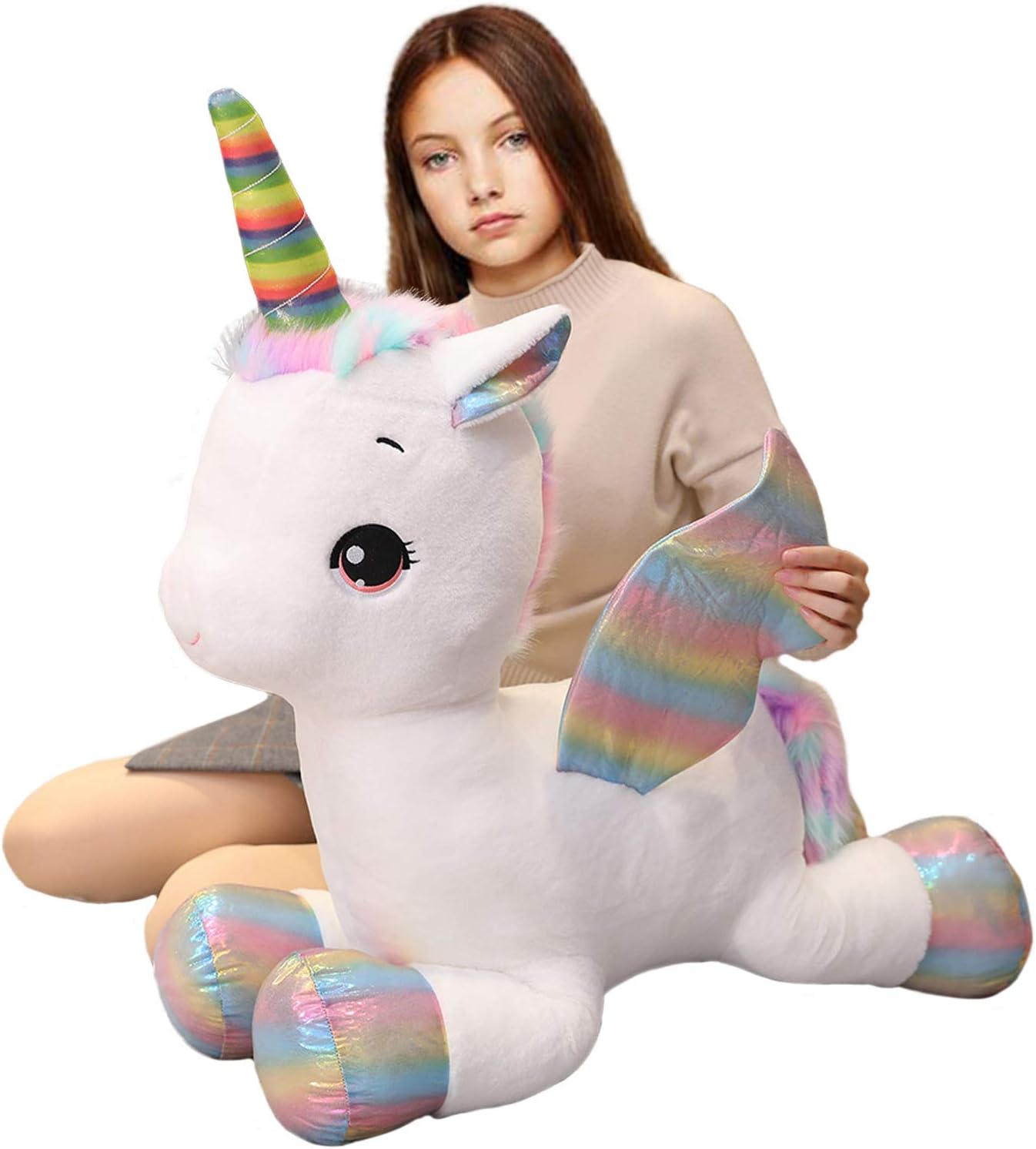 FGTLJ Giant Jellyroll Unicorn Plush, 31.5 Inch Rainbow Pegasus Stuffed Animal with Sparkle Wings, Girls Kids White/Pink Shimmers Standing Horse Plushie Gifts (White, 80cm=31.5Inch)