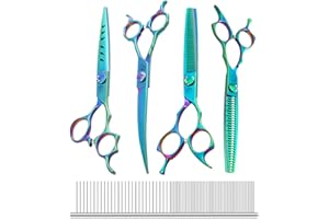 Fenice Totem Dog Grooming Scissors: 7" Straight Pet Shears Skeletonized blade Made Of Japanese 440C for Trimming Dogs Cats and Other Pets Green (SET G, Set)