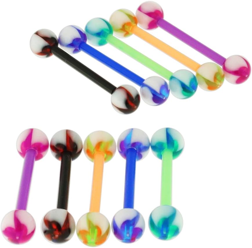 AZARIO LONDON 10 Pieces Pack of UV Turbine Ball with 14 Gauge Bioplast Flexible Straight Barbell Tongue Bar Piercing