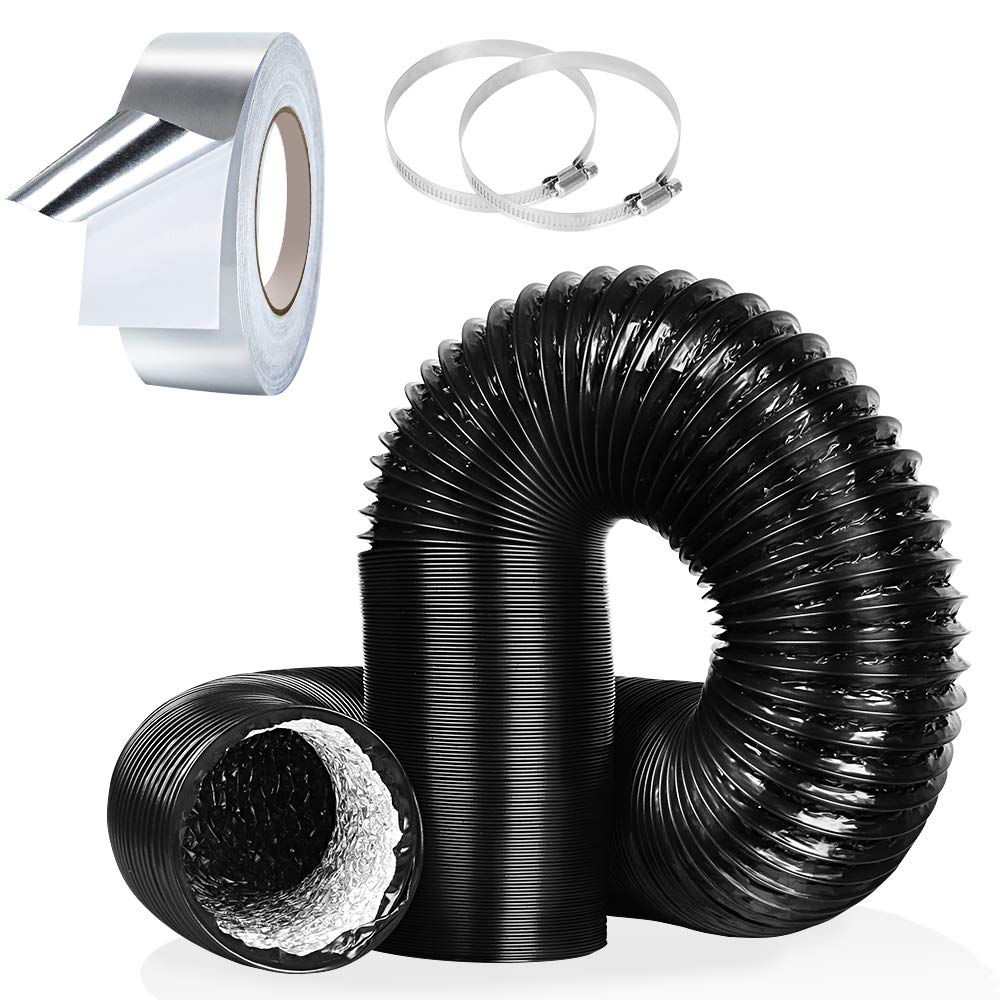 4Inch 10FT Flexible Aluminum Air Ducting, Heavy-Duty Black Dryer Vent Hose for HVAC Ventilation,Duct Fan Systems, 2 Hose Clamps and 1 Aluminum Foil Tape Include