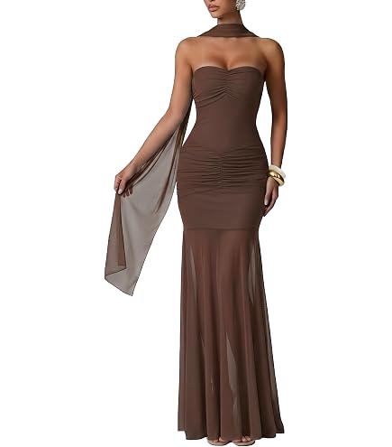 SOLY HUX Women's Strapless Dress with Scarf High Slit Maxi Tube Dresses Formal Prom Wedding Guest Party Gown Pure Brown X-Small : Clothing, Shoes & Jewelry