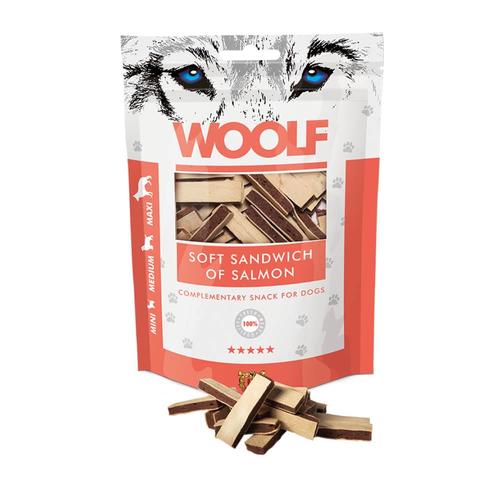 WOOLF Soft Sandwich of Salmon Dog Treat - Complementary Snacks for Dogs. All-Natural Ingredients, High Meat Content, Nutritional, Free from Artificial Additives. Suitable for Dogs (100g)