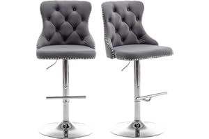 Riknuxi Velvet Bar Stools Set of 2, Counter Height Bar Stools with Button & Nailheads Trim, Swivel Bar Stools for Kitchen Island, Bar Pub (Grey)