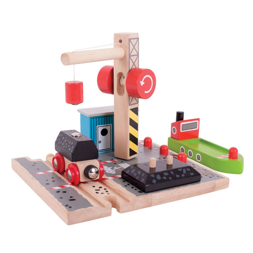 Bigjigs Rail Coal Canal Docks Wooden Train Track Accessories - Bigjigs Train Accessories for Kids Train Sets with Working Wooden Crane, Trains for Kids Multicoloured