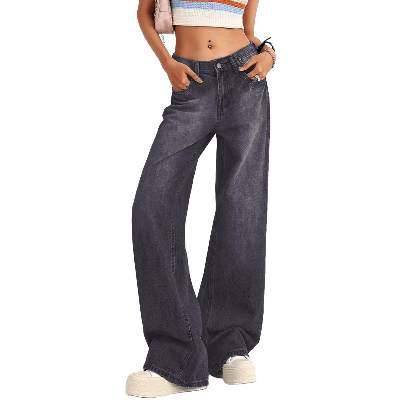 Photo 1 of Women's Low Rise Baggy Jeans Washed Straight Wide Leg Denim Pants Casual Loose Boyfriend Jean Streewear Trousers Black