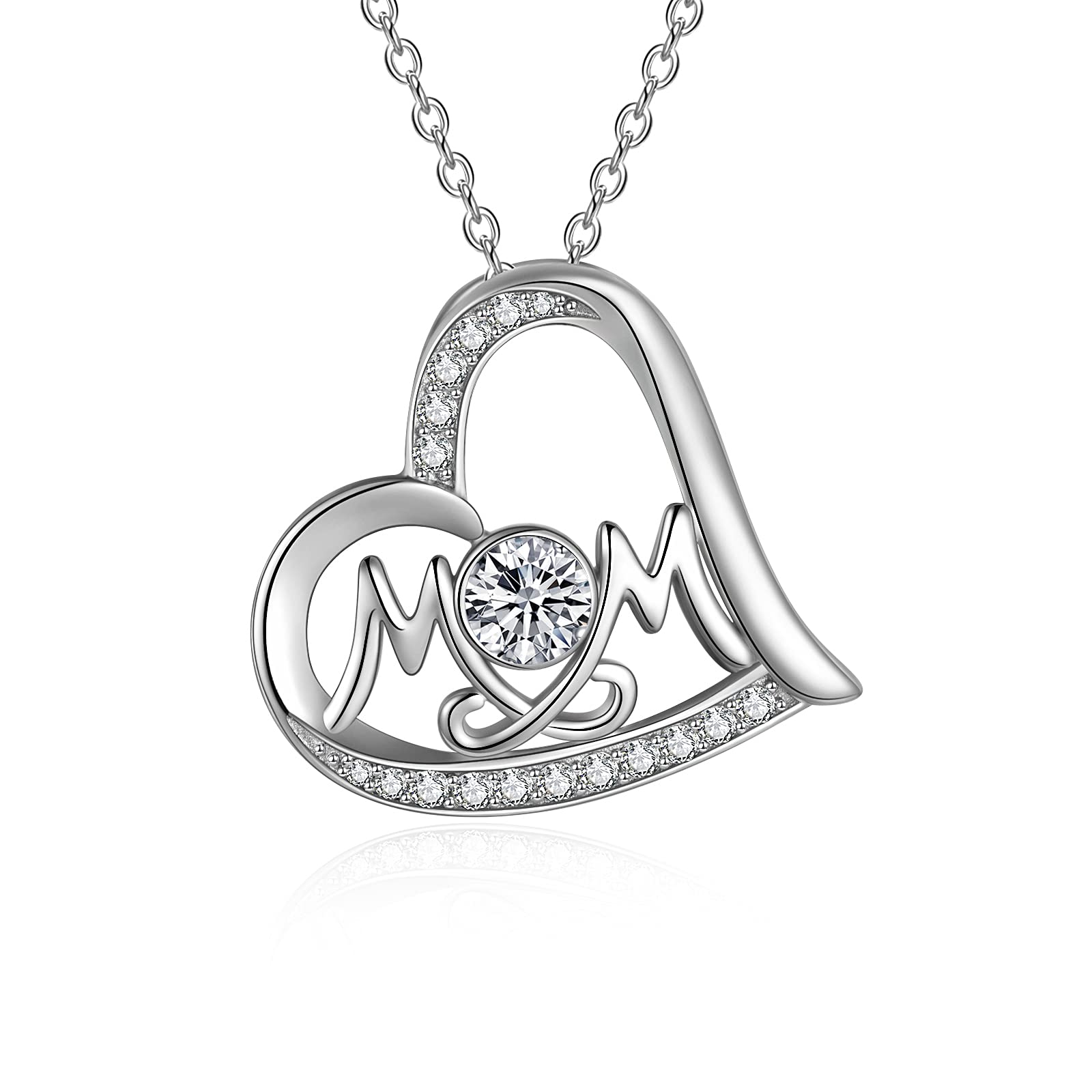 AOBOCO Gifts for Mum Heart Pendent Necklace Sterling Silver with Crystal Jewellery Birthday Gift for Women