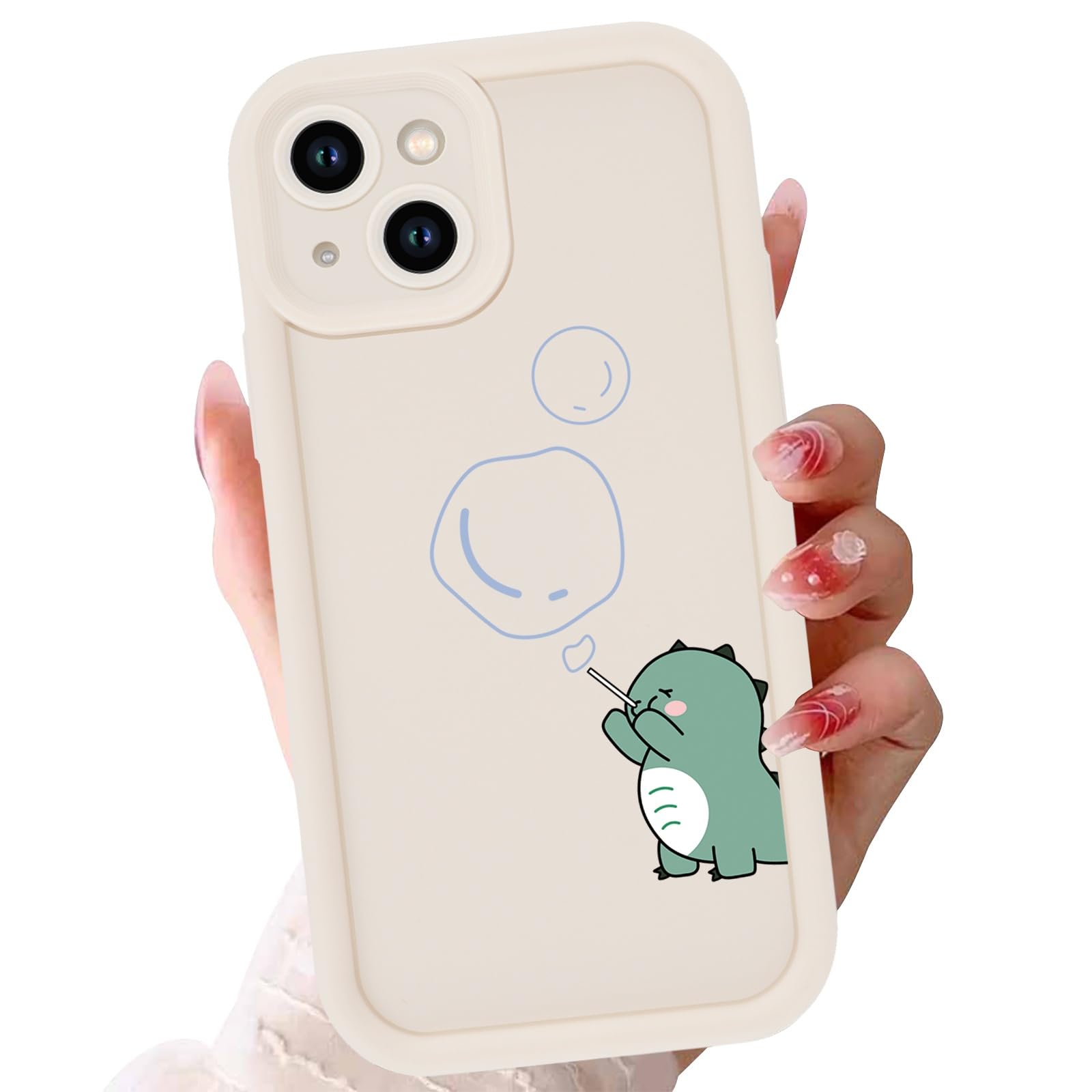 Zrutru Cute Dinosaur Phone Case for iPhone 14 Plus 6.7",Kawaii Bubble Cartoon Cases Funny Design Pattern Cover for Girls Kids Boys,Beige Soft Shockproof Lens Protection Funda for iPhone 14 Plus