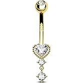 COCHARM 10k Yellow Gold Belly Button Rings Dangling 14G Heart Gold Belly Rings for Women Clear CZ Gold Belly Navel Piercing Jewelry