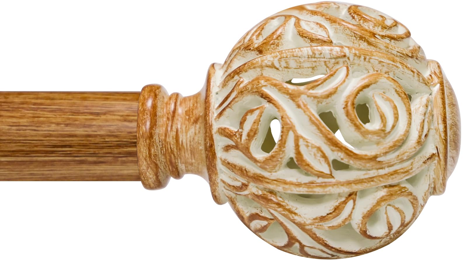 Photo 1 of 1 Inch Wood Curtain Rod For Windows 66 to 120 Inches, Heavy-Duty Adjustable Decorative Imitation Wood Grain Boho Curtain Rod With Rattan Leaf Hollow Finials For Bedroom ? Living Room and Famhouse