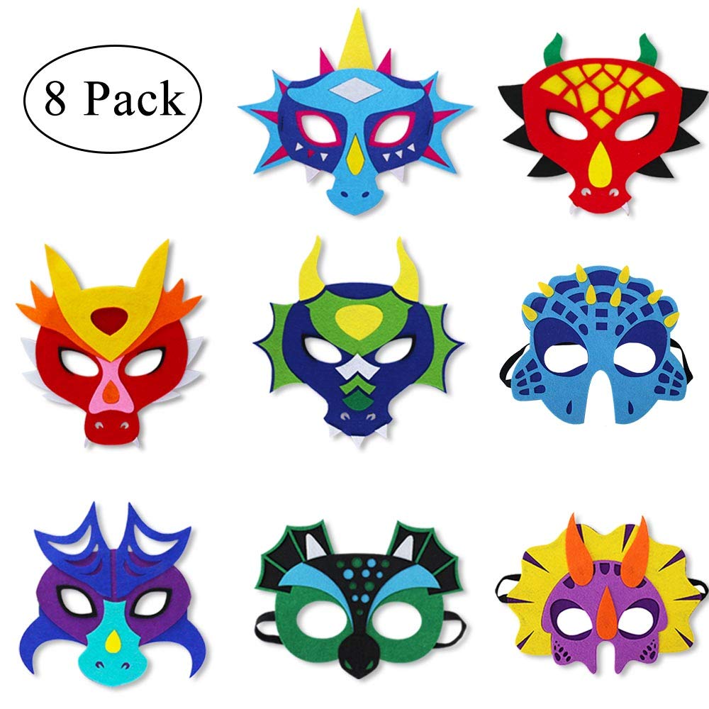 女の子 恐竜 ドレスアップコスチューム 誕生日パーティー 8パック 男の子 テーマ 記念品 幼児 子供用 B07mcxg71z フェルトドラゴンマスク ガールズ 半額