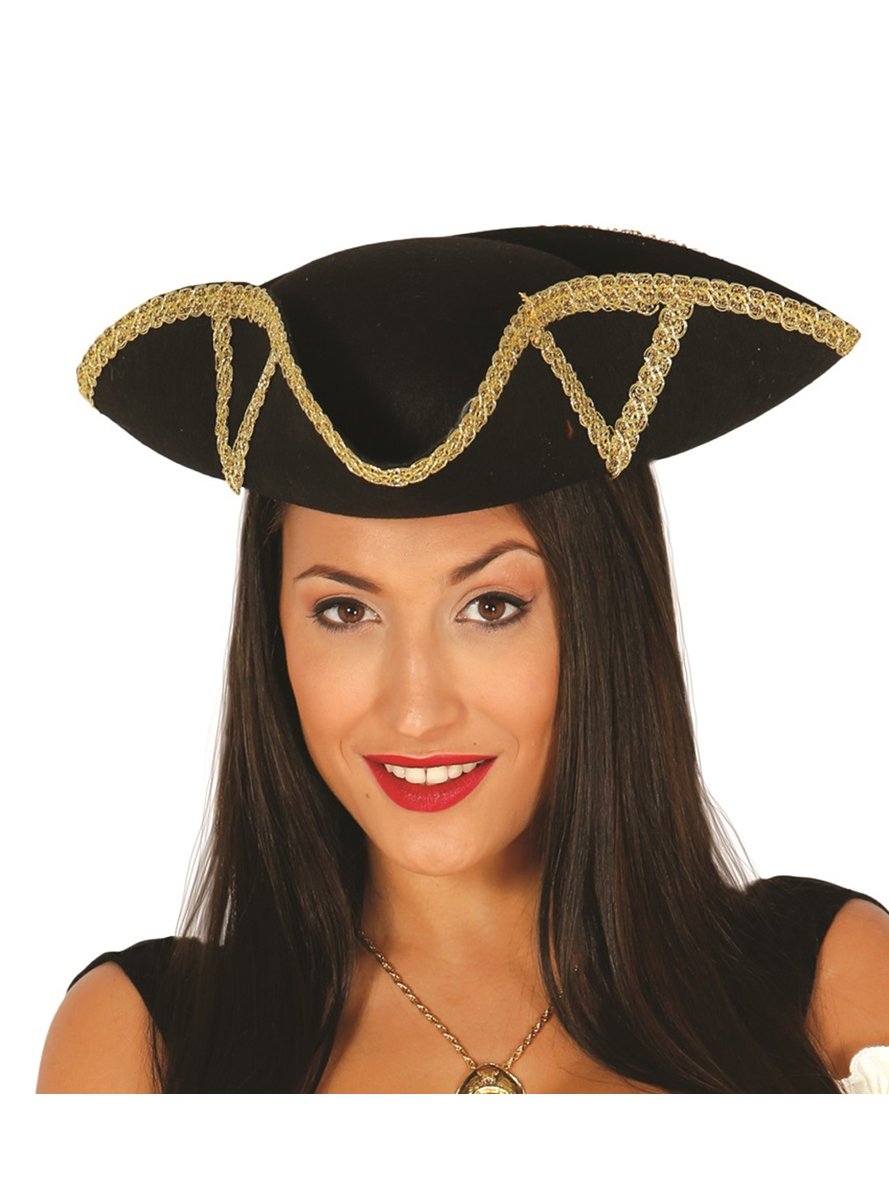 FIESTAS GUIRCA Adult Admiral Tricorn Hat Nautical Navy Pirate Fancy Dress Headwear Halloween Cosplay Dress Up One Size (Black)