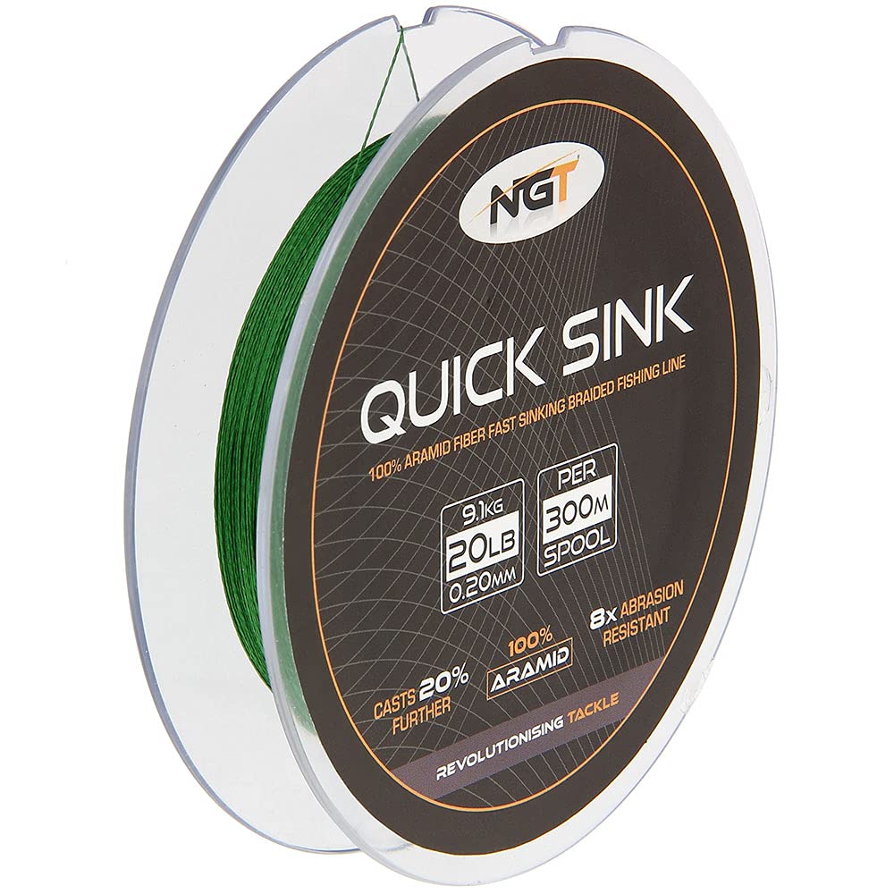 NGT Fishing Line 300m Spool Of 'Quick Sink' Moss Green 20lb Strong Braid Far Casting
