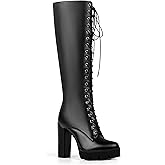 ANN CREEK Women's Black Lace Up Knee High Platform Boots Lug Sole High Chunky Heel Boots