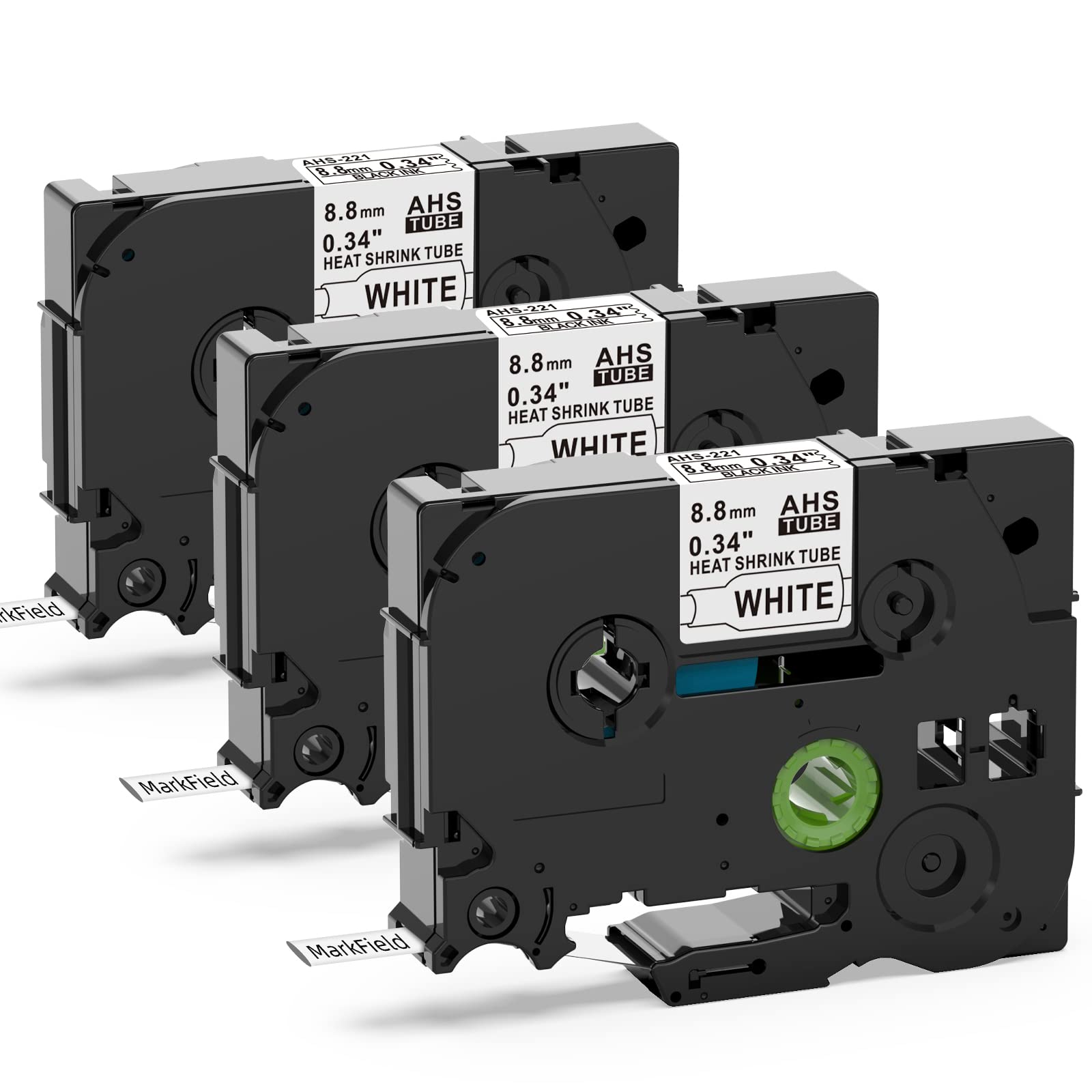 MarkField 3X Compatible Label Tape Replacement for Brother P Touch Heat Shrink Tube HSe-221 HSe221 8.8mm Cassette Black on White for PT-E110 E300 E550W PT-D200 D400 H105 H107 H200 900 1000 1010