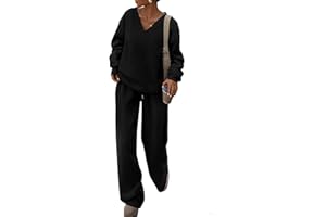 PRETTYGARDEN Casual Spring Two Piece Sets for Women 2026 V Neck Sweatshirt Loose Wide Leg Pants Tracksuit Knit Fall Outfits