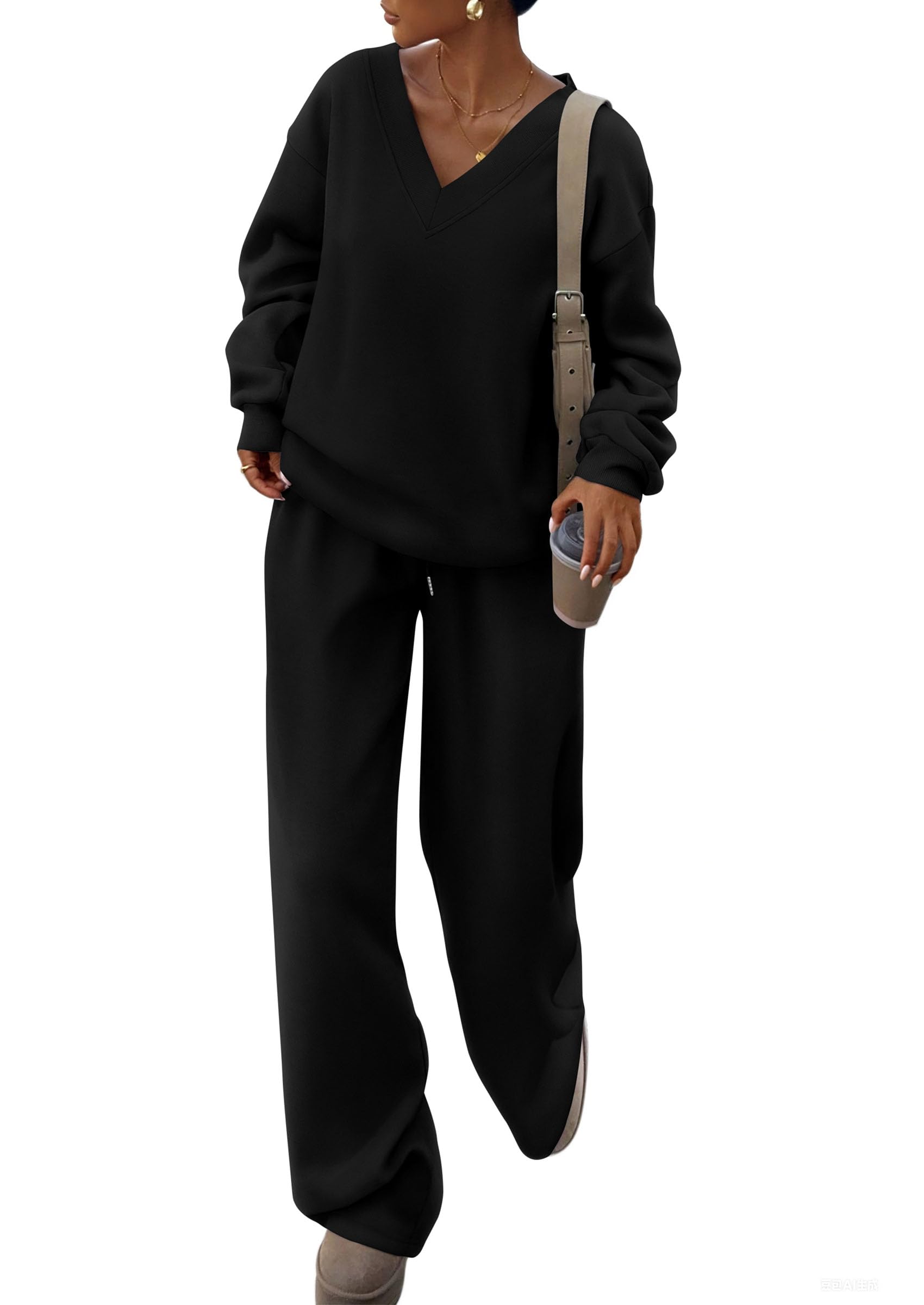 Photo 1 of PRETTYGARDEN Casual Winter Two Piece Sets for Women 2025 V Neck Sweatshirt Loose Wide Leg Pants Tracksuit Knit Fall Outfits (Black,Medium)