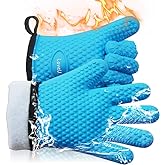 Loveuing Kitchen Oven Gloves - Dual-Layer Heat Resistant Grilling Gloves, Silicone Oven Mitts with 5 Fingers, Waterproof Non-Slip Pot Holder for Barbecue, Cooking, Baking (Blue)