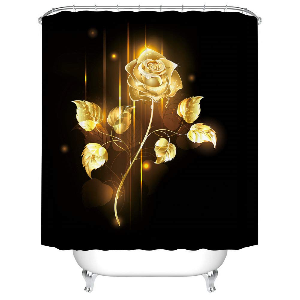 Fangkun Bathroom Shower Curtain Art Decor Set - Golden Rose Flower Pattern - Polyester Fabric Bath Curtains - 12pcs Hooks - 72 x 72 inches