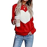 Heart Sweater for Women Valentines Day Gifts for Her Red Sweaters Crewneck Long Sleeve Lightweight Cute Tops