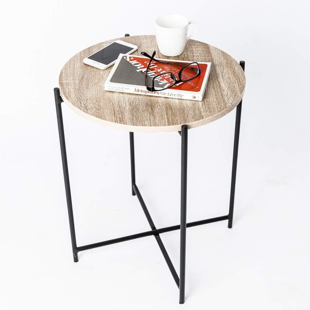 CHopetree Small Round Coffee Side Table Industrial Black Metal Frame
