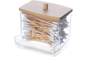 YAMHOHO Cotton Swab Pad Holder, Cotton Swab Ball Dispenser, Bathroom Container Jar Storage Box, Clear Medicine Jar 1 Piece, Cotton Swab Pad Storage Dispenser, Bamboo Lid (square-shaped)