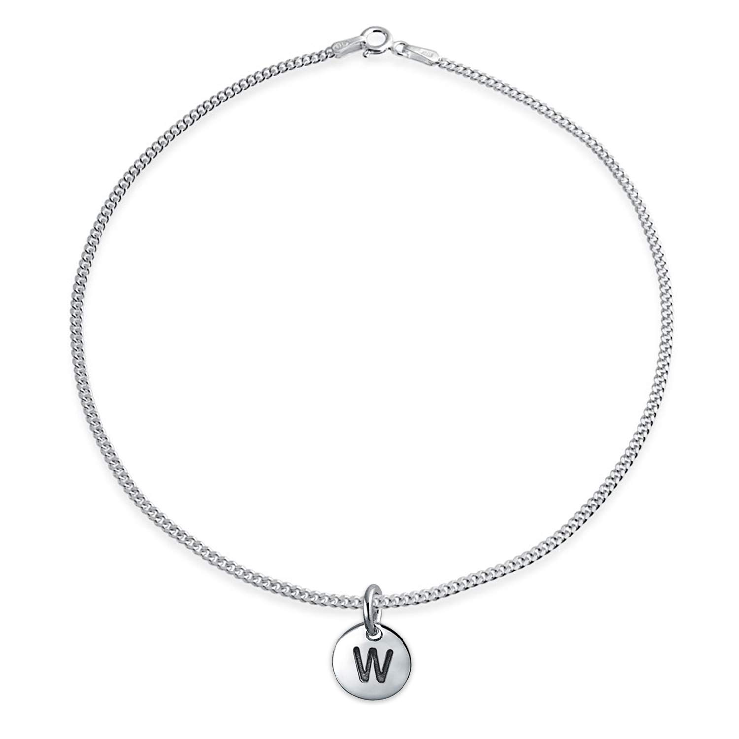 Bling Jewelry Tiny Minimalist ABC Round Disc Block Letter Alphabet W Initial Anklet For Teen For Women .925 Sterling Silver 9 Inch