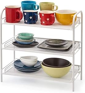 3-Tier Countertop Rack, EZOWare Mesh Storage Organizer Tabletop Shelf for Kitchenware Bathroom Cans Foods Spice Office - White