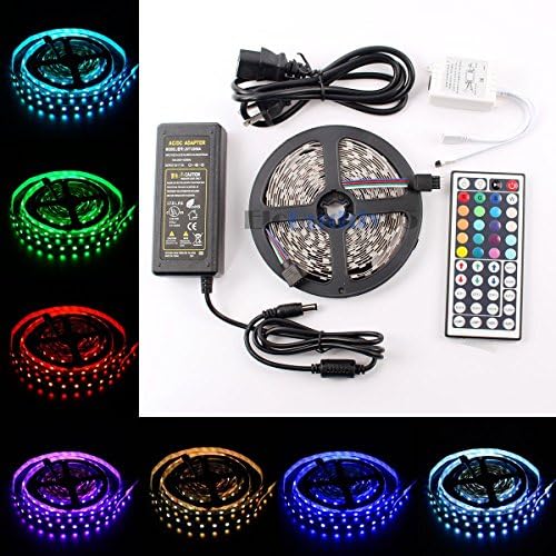 elcPark 5m 16.4ft SMD 5050 RGB Changing Color Flexible LED Light Strip Full kits Non-Waterproof Flexible 300led +44keys Remote + 60W Power Supply (White PCB)