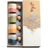 ZPGXLRZ 2.4oz Ceramic Espresso Cups Set of 4, Small Coffee Cups with Wooden Handle, Gradient Color Demitasse Cups, Ceramic Tea Cups Gift Box Packaging (Round Handle)
